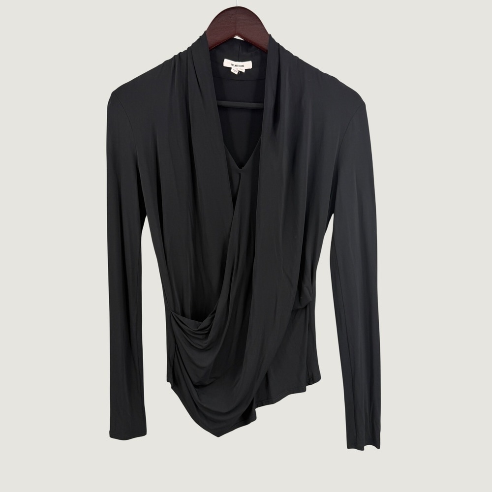 Helmut Lang Black Draped Wrap Front Top Women's Small Stretch Long Sleeve